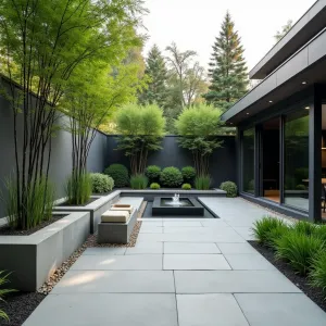 Asian Fusion Courtyard - Contemporary concrete patio with smooth poured surfaces, featuring black bamboo in raised concrete planters, minimalist water feature, and modern interpretation of traditional Japanese elements. Cloud pruned boxwood and forest grass create layered greenery