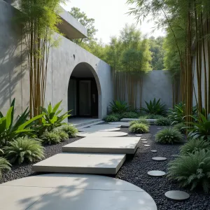 Bamboo Forest Canyon - Dramatic concrete patio with canyon-like walls featuring vertical bamboo impressions in board-formed concrete. Black Bamboo and Cloud Forest Grass create living walls in elevated concrete troughs, while floating concrete stepping platforms traverse a dry river bed of polished black pebbles