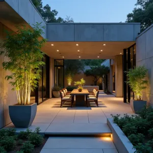 Brutalist Garden Pavilion - Bold concrete patio with brutalist-inspired design elements, featuring board-formed concrete walls and floating concrete roof. Bamboo Palm and Dragon Tree specimens in massive concrete planters soften angular architecture. Hidden LED lighting creates dramatic nighttime presence