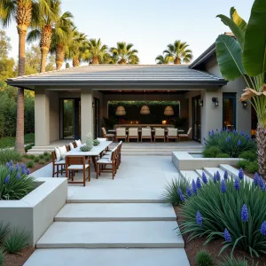 California Cool - Resort-style concrete patio with smooth troweled finish, featuring built-in concrete seating pods, Mexican fan palms, and contemporary outdoor dining area. Birds of paradise and blue chalk sticks create dramatic architectural plantings