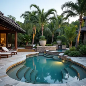 Cascading Level Oasis - Multi-tiered stamped concrete patio with waterfall cascading between levels, featuring integrated LED strip lighting and smooth concrete steps. Sleek loungers surround a negative-edge pool with transparent acrylic walls. Giant Birds of Paradise and Needle Palm create tropical backdrop within oversized concrete vessel planters