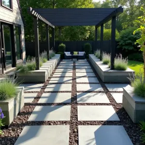 Checkerboard Garden Maze - Modern stamped concrete patio featuring alternating smooth and textured squares in a checkerboard pattern, with built-in concrete seating cubes. Silver lupine and blue oat grass planted in strategic squares create a living garden pattern. Illuminated steel pergola casts geometric shadows across the space