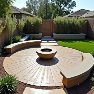 Circular Serenity Pod - Innovative stamped concrete patio featuring a circular design with radiating pattern, centered around a modern fire bowl. Curved concrete benches follow the circular motif, while New Zealand flax and Mexican sage create a living privacy screen in raised architectural planters