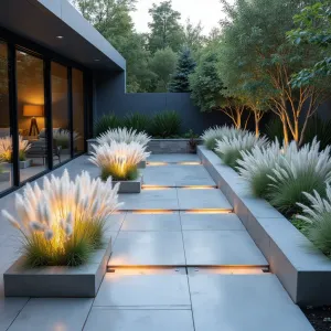 Cloud Shadow Terrace - Minimalist concrete patio featuring translucent acrylic panels embedded in concrete that create cloud-like shadows. White Gaura and Cotton Candy Grass provide ethereal movement in floating concrete planters, while illuminated mist features create dreamy atmosphere