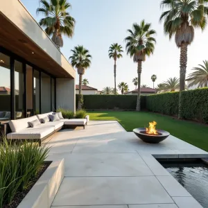 Coastal Modern Escape - Sleek concrete patio with salt-finish surface, featuring built-in concrete sofa with weather-resistant cushions, coastal grasses in linear planters, and modern fire bowl. Glass wind barriers and architectural palms create resort atmosphere