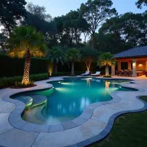 Coastal Wave Deck - Organic-shaped stamped concrete patio with wave-textured finish, wrapping around a curved infinity pool. Built-in concrete chaise lounges emerge from the deck surface, while King Palm and Dragon Tree specimens create dramatic vertical elements. Illuminated glass aggregate sections glow at night