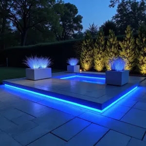 Cobalt Night Lounge - Modern stamped concrete patio with sleek ashlar slate pattern, featuring built-in LED lighting that creates a cobalt blue glow at night. White gaura and blue chalksticks in illuminated concrete planters add ethereal movement, while a floating concrete bench provides minimalist seating