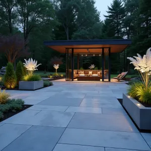 Crystal Garden Pavilion - Modern stamped concrete patio with crystalline geometric pattern, featuring integrated LED lighting that creates prismatic effects. Ghost ferns and white angelonia in floating concrete planters add ethereal elements, while a minimalist glass pavilion provides shelter