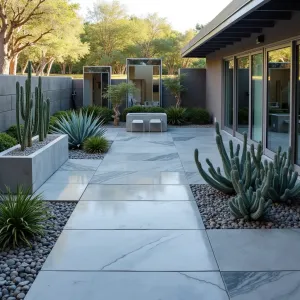 Crystal Prism Court - Modern concrete patio featuring multi-faceted surfaces that create crystalline patterns, with integrated prismatic glass elements. Aluminum planters contain Silver Torch Cactus and Blue Chalk Fingers, while mirrored steel privacy screens amplify light play