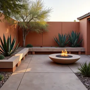 Desert Dusk Lounge - Warm-toned concrete patio with textured finish, featuring built-in concrete fire bowl and floating bench seating. Desert spoon and whale's tongue agave in raised concrete planters create dramatic silhouettes against sunset-colored privacy wall