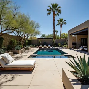 Desert Mirage Pool Court - Contemporary stamped concrete pool deck with sand-ripple texture, featuring built-in concrete fire troughs and floating daybeds. Blue Glow Agave and Golden Barrel Cactus in geometric concrete planters create desert oasis feel. Perforated steel shade structure casts dynamic shadows