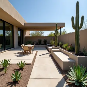 Desert Modern Oasis - Drought-resistant concrete patio design with exposed aggregate sections, featuring built-in concrete seating, desert landscaping, and geometric shade structure. Agave plants and barrel cacti in modernist concrete containers create striking focal points