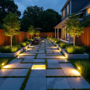 Digital Grid Garden - Tech-inspired concrete patio featuring illuminated grid pattern with varying surface textures, incorporating smart lighting system. Matrix-style planting scheme with Fiber Optic Grass and Chrome Sedum in cubic concrete containers creates living pixel effect