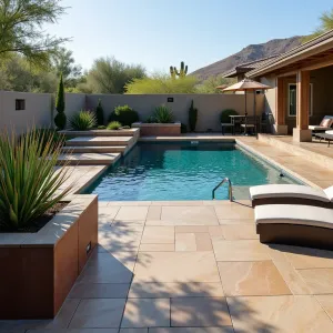 Echo Canyon Sundeck - Terraced stamped concrete pool deck with canyon-inspired textural patterns, featuring built-in concrete loungers and floating steps. Deer Grass and Weber's Agave in cor-ten steel planters create natural southwestern feel. Glass wind barriers maintain unobstructed views