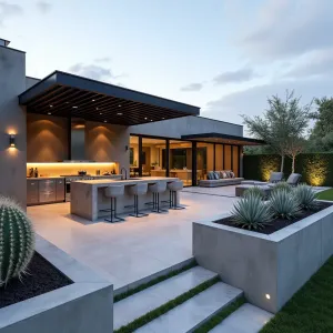 Entertainment Plaza - Large-scale modern concrete patio with outdoor kitchen integration, featuring polished concrete surfaces, built-in LED lighting, and modern metal pergola. Oversized concrete planters with silver torch cacti and architectural plants frame the space