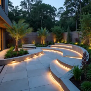 Fibonacci Spiral Garden - Contemporary concrete patio designed in a Fibonacci spiral pattern, featuring ascending concrete walls that create natural flow. Integrated bench seating follows the curve, while Ponytail Palm and Silver Falls Dichondra cascade from spiral-arranged planters. LED strip lighting traces the mathematical pattern at night