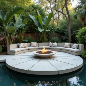 Floating Lotus Platform - Circular concrete patio designed to appear floating above a shallow reflection pool, featuring petal-like concrete segments radiating from central fire pit. Built-in concrete seating with heated elements, while Giant White Bird of Paradise and Japanese Sweet Flag create tropical ambiance