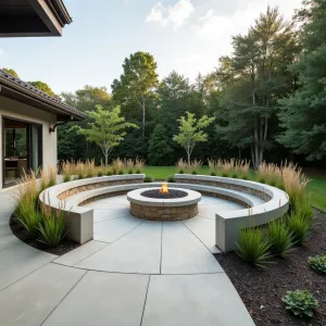 Floating Ring Terrace - Circular concrete patio design with suspended ring formation, featuring smooth finished concrete surfaces and central fire pit. Native grasses including Little Bluestem and architectural Sansevierias in curved concrete planters create natural rhythm