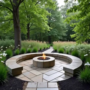 Forest Edge Sanctuary - Nature-inspired concrete patio with wood grain textured sections, surrounded by tall fescue grasses and native dogwood trees. Concrete fire pit with integrated seating and black mondo grass groundcover create intimate woodland setting