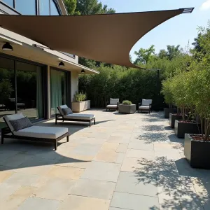 Geometric Paradise - Bold geometric concrete patio design with varying surface textures, featuring hexagonal concrete tiles, built-in planters with black bamboo, and modern outdoor furniture. Angular shade structure creates dramatic shadow patterns