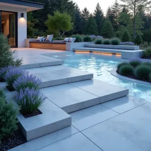 Glacier Flow Plaza - Modern concrete patio with smooth, wave-like surfaces mimicking glacier formations, featuring integrated heating elements and built-in seating. Arctic Blue Festuca and White Angelonia create cool-toned plantings in angular concrete vessels, while illuminated ice-blue glass inlays enhance the frozen aesthetic