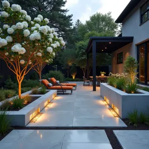 Glass Garden Gallery - Contemporary concrete patio with glass block inserts that illuminate from below, featuring raised concrete planters with white flowering gardenias and black steel pergola. Polished concrete surfaces reflect light creating gallery-like atmosphere