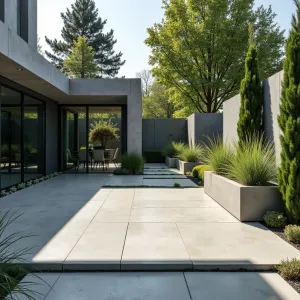 Gradient Shadow Court - Modern concrete patio with gradient-colored concrete finish from light to dark gray, featuring angular shade screens casting dynamic shadows. Emerald Green Arborvitae and Karl Foerster grass provide vertical elements in minimalist concrete containers