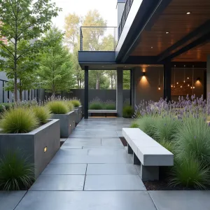 High Line Modern - Urban concrete patio inspired by the High Line, featuring weathered steel planters with prairie dropseed and purple coneflower. Integrated concrete bench seating and architectural lighting create sophisticated city garden