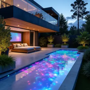 Hologram Haven - Futuristic concrete patio with holographic projection capabilities and color-changing concrete surfaces. Glass-walled planters showcase Iridescent Calathea and Rainbow Fern, while transparent acrylic furniture creates floating effect enhanced by ground-level lighting