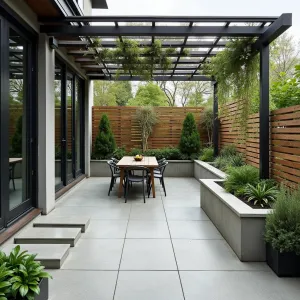 Industrial Loft Extension - Urban concrete patio with exposed aggregate finish, featuring steel beam pergola, hanging air plants, and industrial-style outdoor kitchen. Concrete planter walls with trailing silver falls dichondra and structural cordyline create vertical interest