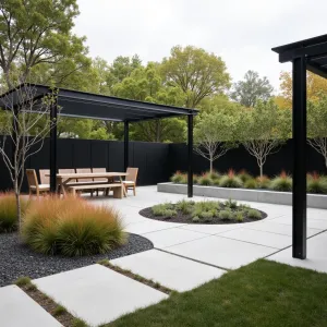 Infinity Loop Garden - Sculptural concrete patio featuring continuous loop design that integrates seating, planters, and walkways. Smooth concrete finish with reveals creates subtle detail, while Red Switch Grass and Japanese Forest Grass add organic movement. Minimalist steel pergola provides shade