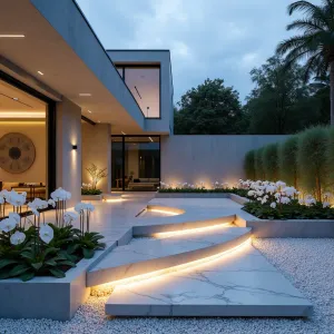 Levitating Light Garden - Futuristic concrete patio featuring suspended illuminated platforms that appear to float above a bed of crushed white marble. Linear concrete planters contain Ghost Orchids and white Caladiums, while frosted acrylic privacy screens and integrated fiber optic lighting create an ethereal atmosphere