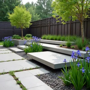 Linear Rain Garden - Eco-friendly stamped concrete patio with linear rain garden integration, featuring permeable strips planted with zebra rush and blue flag iris. Modern concrete stepping platforms appear to float above the garden elements, while weathered steel screens provide privacy