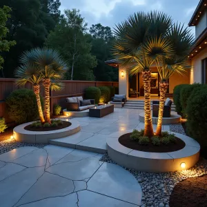 Lunar Landing Deck - Space-age concrete patio with crater-like depressions forming conversation pods, featuring metallic aggregate finish. Raised circular planters showcase Silver Bismarch Palm and Moon Valley Pilea, while LED strip lighting creates otherworldly ambiance