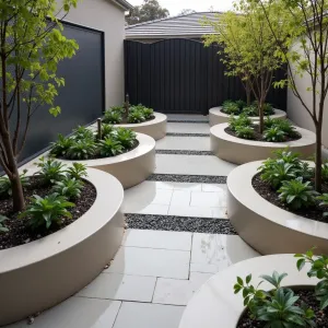 Metro Garden Pods - Modular concrete patio design with circular seating pods connected by narrow walkways, featuring built-in planters with dwarf bottlebrush and kangaroo paw. Perforated metal screens and crushed recycled glass inlays add urban sophistication