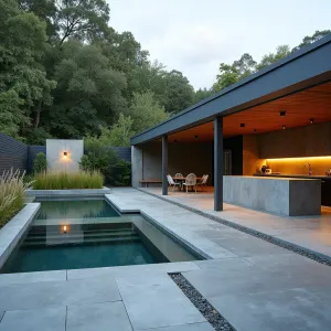 Metropolitan Splash Lounge - Urban stamped concrete pool deck with grid pattern texture, featuring suspended concrete platforms over reflection pools. New Zealand Flax and Silvergrass create vertical interest in illuminated concrete cubes. Modern outdoor kitchen with concrete bar completes entertainment space