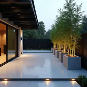 Minimalist Concrete Lounge Space - Modern concrete patio with smooth polished finish, featuring floating concrete bench seating, integrated LED strip lighting, and geometric planters containing tall bamboo. Clean lines and sparse decoration create zen atmosphere under a modern pergola with steel beams