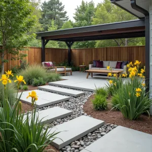 Modernist Rain Garden - Eco-conscious concrete patio design with permeable sections and rain chains, featuring stepped concrete platforms, native grasses, and weathered steel accents. Built-in bioswale with river rocks and yellow flag iris creates sustainable drainage solution