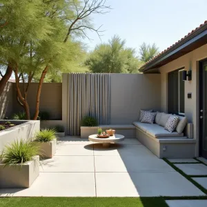 Modernist Rain Screen - Contemporary concrete patio with innovative rain screen feature, incorporating vertical concrete fins and water collection system. Desert Spoon and Foxtail Fern in geometric concrete planters create contrast with hard surfaces. Built-in seating with weather-resistant cushions provides comfortable lounging