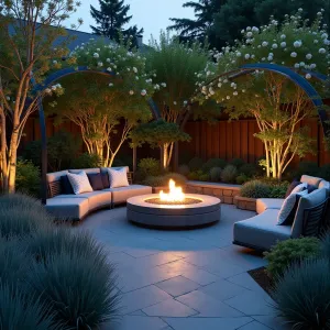 Moonlit Sky Garden - Intimate concrete patio with honed slate-colored finish, featuring circular built-in seating around a modern gas fire table. Illuminated steel archways support climbing moonflowers and star jasmine, while silver-leaved artemisia and blue fescue create a ethereal night garden atmosphere