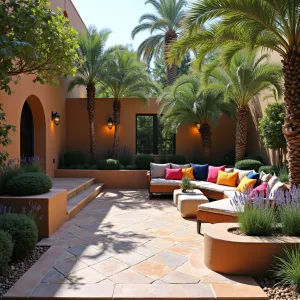 Moroccan Modern Fusion - Stamped concrete patio with contemporary interpretation of traditional Moroccan patterns, featuring built-in concrete seating with colorful cushions. Mediterranean fan palms and lavender create exotic atmosphere, while modern sconce lighting casts intricate shadows