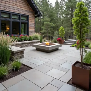 Mountain Modern Retreat - Rustic modern stamped concrete patio with timber beam texture, featuring built-in concrete fire pit and angular seating. Karl Foerster grass and dwarf mugo pines in cor-ten steel planters create mountain-inspired landscaping