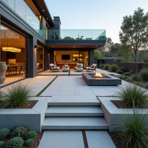 Multi-Level Garden Haven - Split-level concrete patio design with smooth concrete steps, featuring built-in succulent gardens, contemporary outdoor furniture, and a sleek fire pit. Glass railings and offset concrete slabs create visual interest with Mexican feather grass adding movement