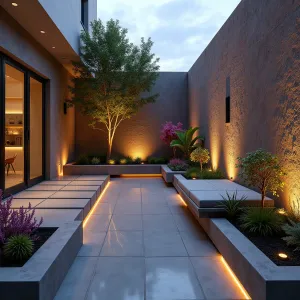 Neon Canyon Lounge - Urban concrete patio with canyon-inspired vertical walls featuring embedded LED strips in geometric patterns. Illuminated concrete planters showcase Electric Pink Cordyline and Glow Star Fern, while floating concrete benches appear to emerge from the walls