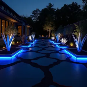 Neon Nights Terrace - Ultra-modern concrete patio with smooth black finish, featuring embedded RGB LED strips in geometric patterns. White yucca plants and blue chalk fingers in illuminated acrylic planters create dramatic nighttime atmosphere