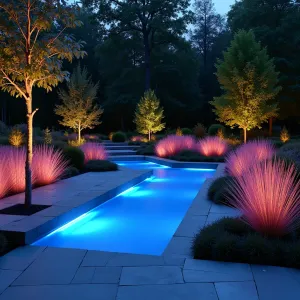 Neon Rain Garden - Eco-conscious concrete patio featuring illuminated rain channels with fiber optic lighting, surrounded by permeable concrete surfaces. Electric Pink Muhly Grass and Phosphorescent Sedum create dramatic night garden, while LED-embedded concrete seating glows during evening hours