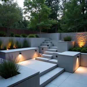 Nested Cube Garden - Contemporary concrete patio featuring nested cubic forms creating multi-level seating and planters. Smooth concrete finish contrasts with rough-textured walls, while Maiden Grass and Purple Fountain Grass add movement. Integrated cube lighting creates evening ambiance