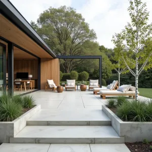 Nordic Minimalist Court - Clean-lined concrete patio with brushed finish, featuring blonde wood accents and built-in concrete planters filled with white birch trees and ornamental sedge grass. Scandinavian-style furniture and minimal metal pergola create contemporary outdoor living space