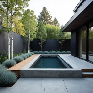 Nordic Plunge Retreat - Minimalist stamped concrete deck surrounding a modern plunge pool with integrated hot tub. White-stemmed Himalayan Birch and Arctic Blue Grass create stark contrast against dark concrete surfaces. Floating wooden benches and geometric privacy screens add Scandinavian touch