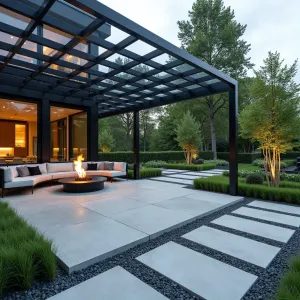 Pixel Garden Matrix - Innovative concrete patio featuring pixel-like squares of varying heights creating three-dimensional surface pattern. Each cube alternates between seating, planters with Blue Fescue grass, and illuminated glass blocks. Steel frame pergola provides geometric shade pattern